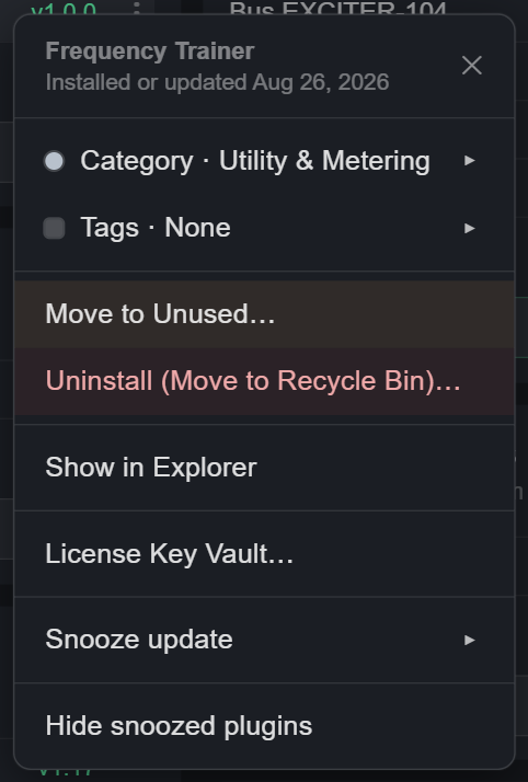 Row menu on a plugin: the plugin name with Installed or updated and a date under it, then Category, Tags, Move to Unused, Uninstall (Move to Recycle Bin), Show in Explorer, License Key Vault, Snooze update, Hide snoozed plugins