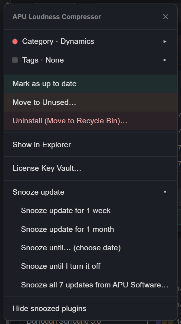 Plugin row menu on an Updates Available row with Snooze update open: 1 week, 1 month, choose date, until I turn it off, and snooze all updates from the vendor