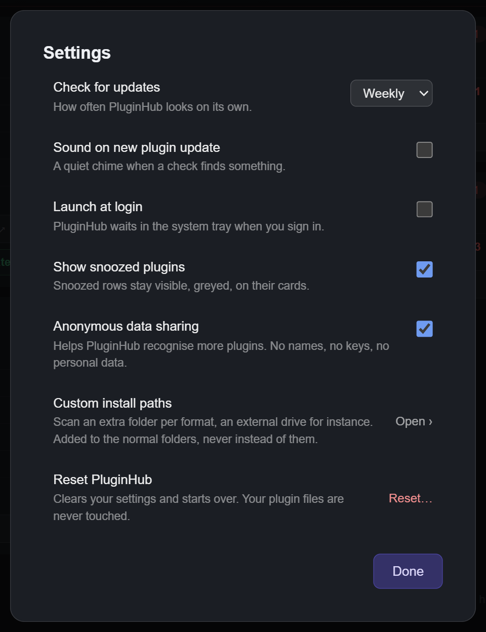 Settings: Check for updates, Sound on new plugin update, Launch at login, Show snoozed plugins, Anonymous data sharing, Custom install paths, Reset PluginHub