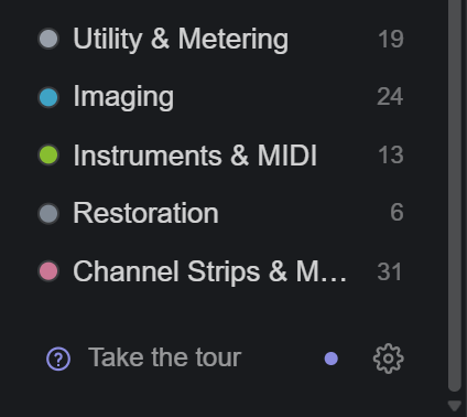 The bottom of the sidebar: the last categories, then Take the tour and the Settings gear