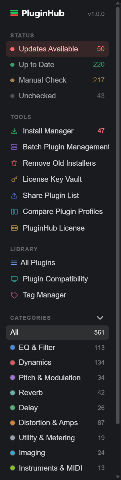 The PluginHub sidebar: Status, Tools, Library and Categories sections, each row with an icon, a label and a count