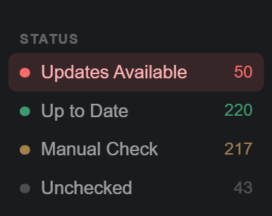 Sidebar Status section with Updates Available, Up to Date, Manual Check and Unchecked rows and their counts