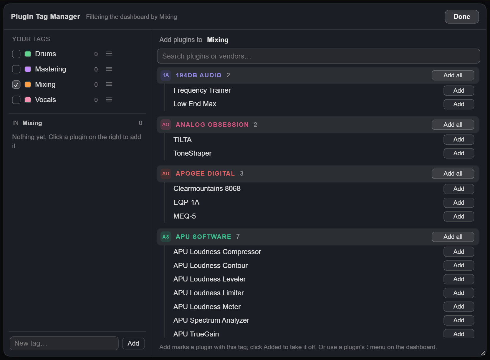 Plugin Tag Manager: tags on the left with Mixing checked, the plugin picker on the right grouped by vendor with Add and Add all buttons