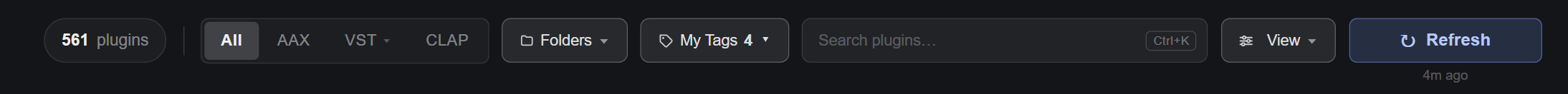 Top bar: plugin count, All / AAX / VST / CLAP segments, Folders and My Tags dropdowns, search field with Ctrl+K, View menu and Refresh