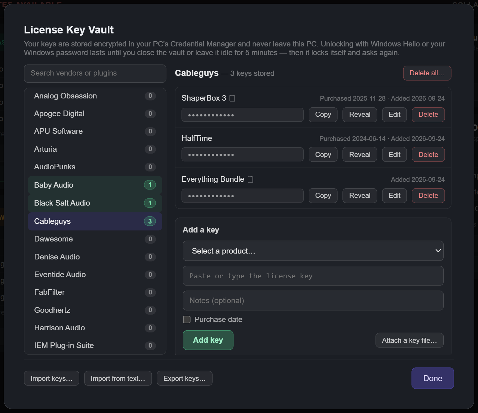 License Key Vault: vendors with key counts on the left; on the right, masked keys with Copy, Reveal, Edit and Delete, a Delete all button, the Add a key form, and Import keys, Import from text and Export keys in the footer