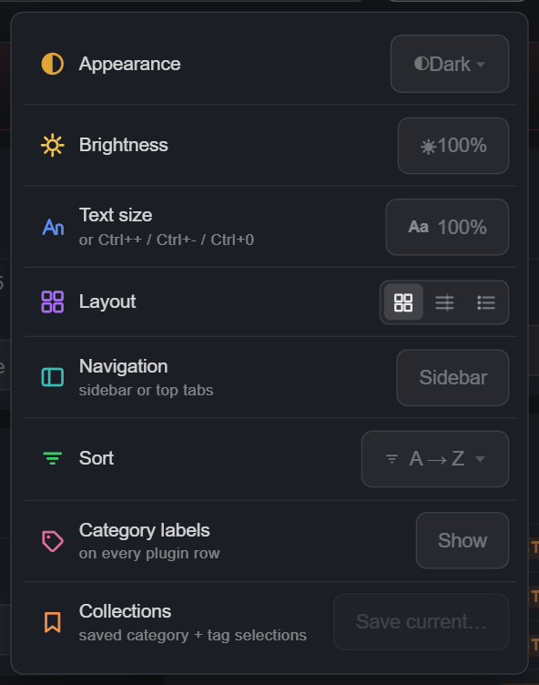 The View menu open showing Appearance, Brightness, Text size, Layout, Navigation, Sort, Category labels and Collections