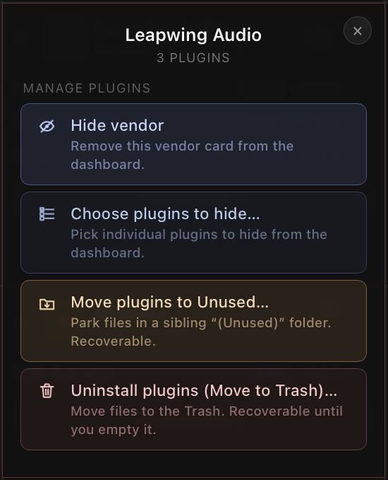 PluginHub plugin management — hide, move to unused, and uninstall controls