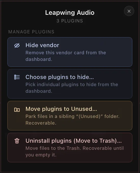 PluginHub plugin management — hide, move to unused, and uninstall controls