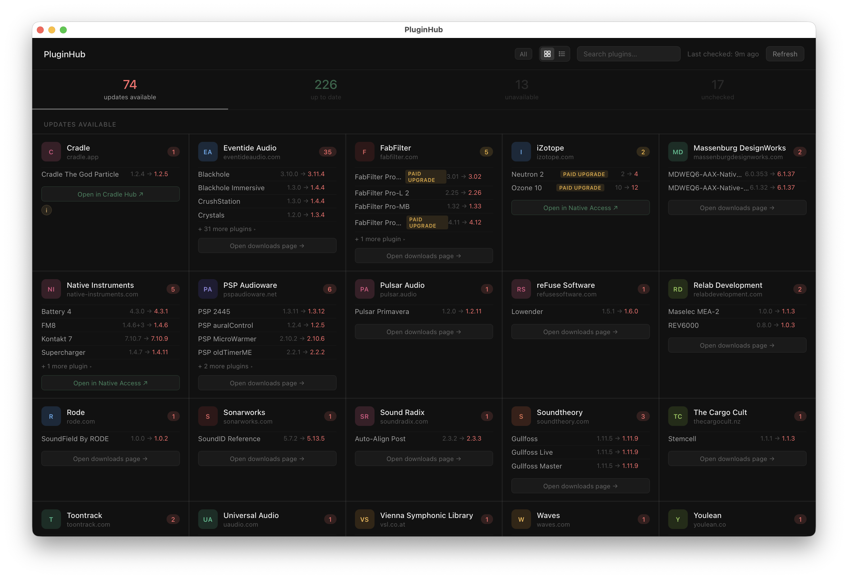 PluginHub dashboard showing plugin update status