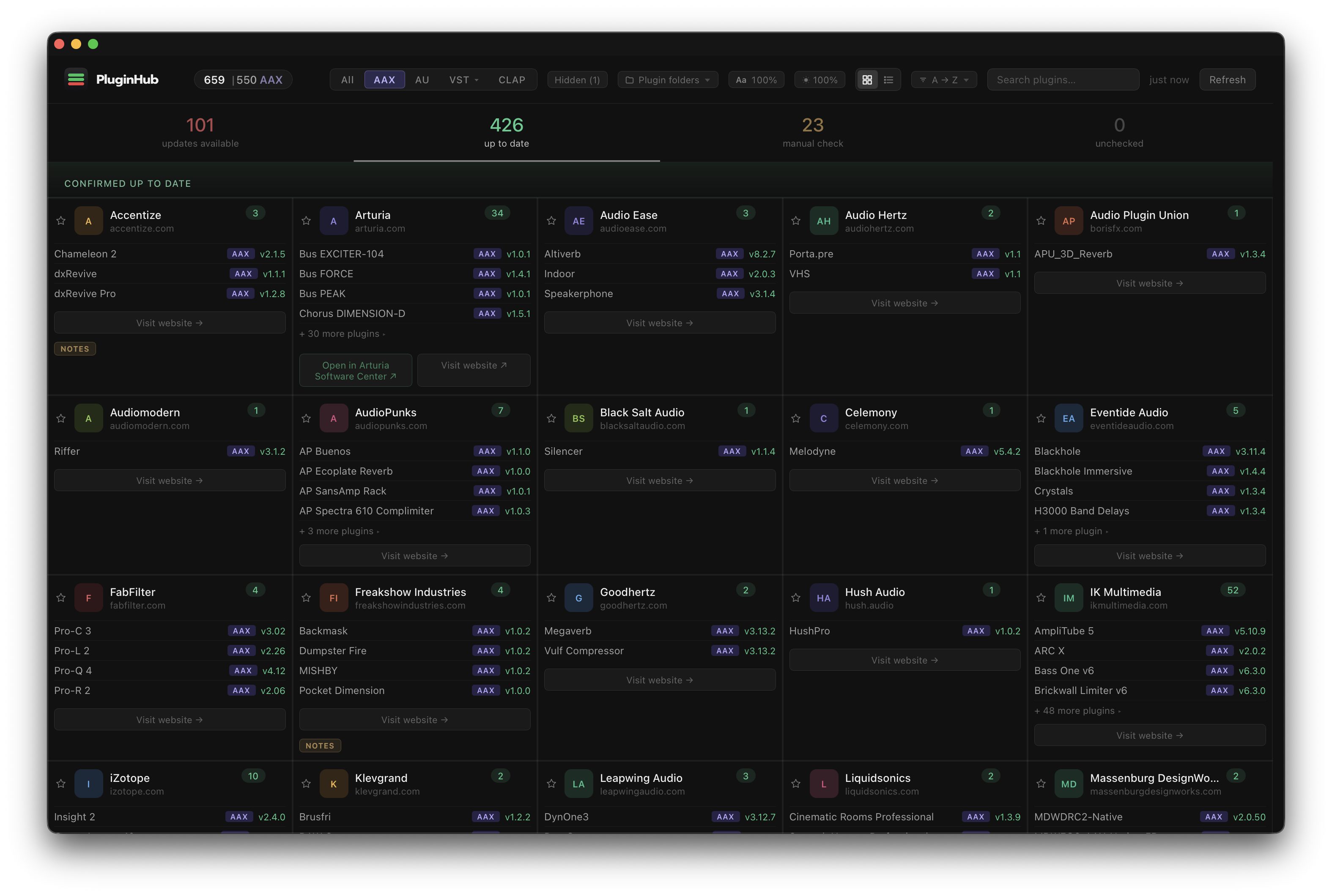 PluginHub dashboard — up to date view