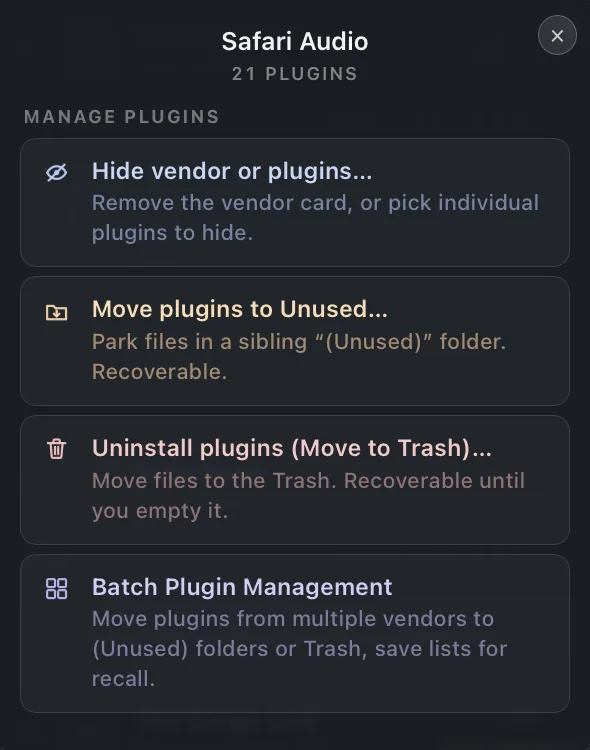 Manage plugins panel with hide, move to Unused, and uninstall controls