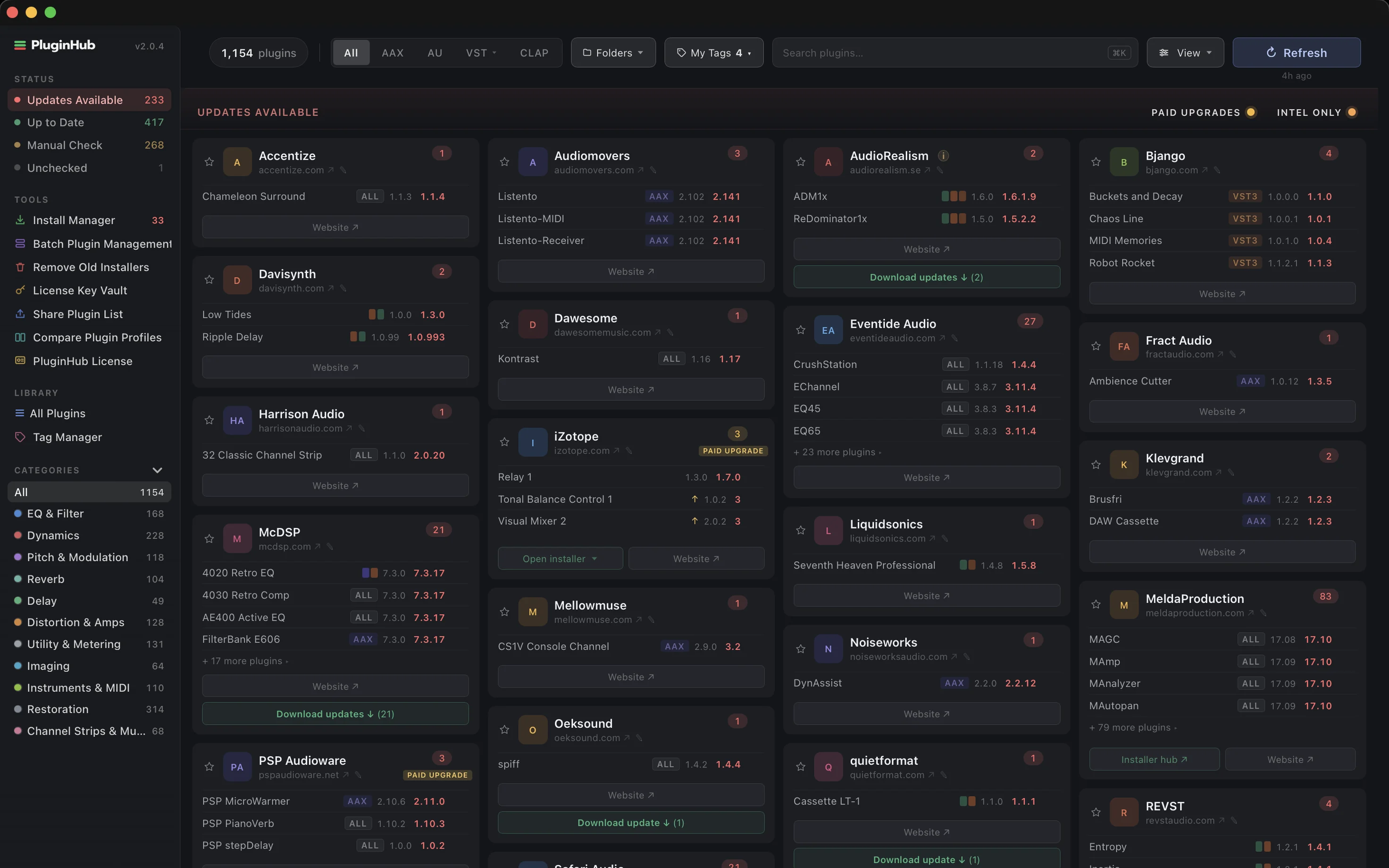 PluginHub 2.0 dashboard on Updates Available, with the sidebar showing status, tools, library and the eleven plugin categories