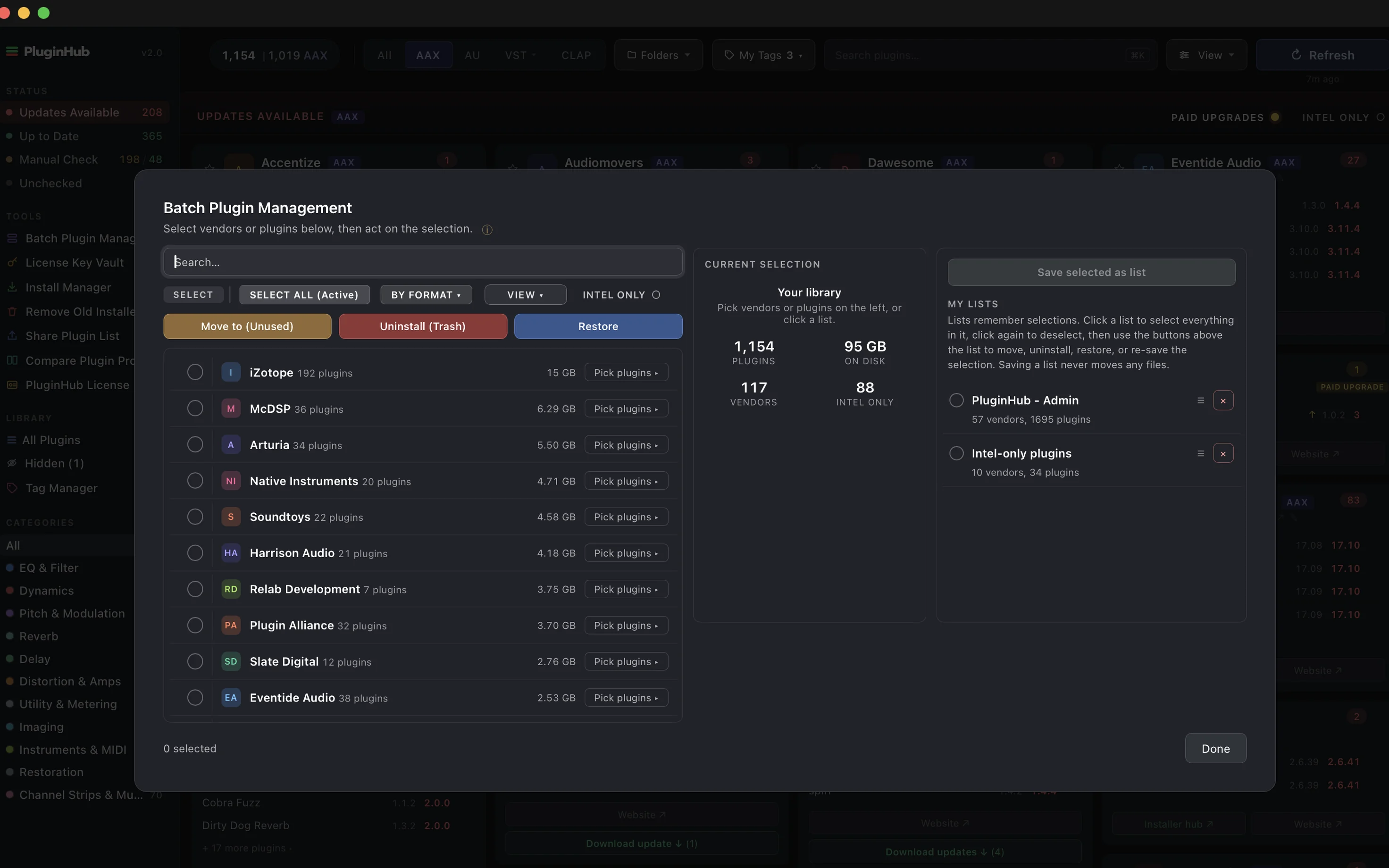 Batch Plugin Management with vendors and formats selected for a single sweep