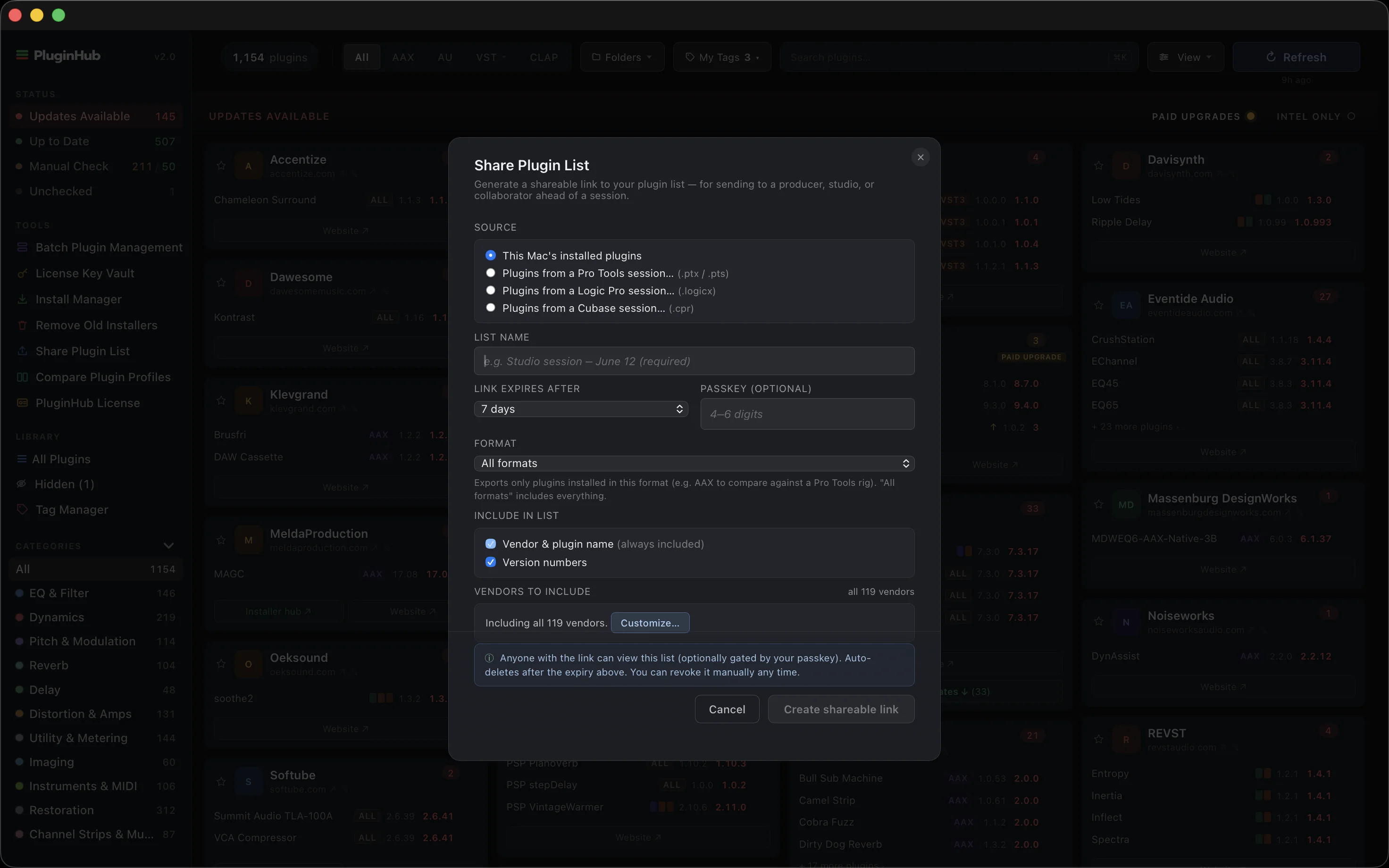 Share Plugin List offering this Mac's plugins or a Pro Tools, Logic or Cubase session as the source