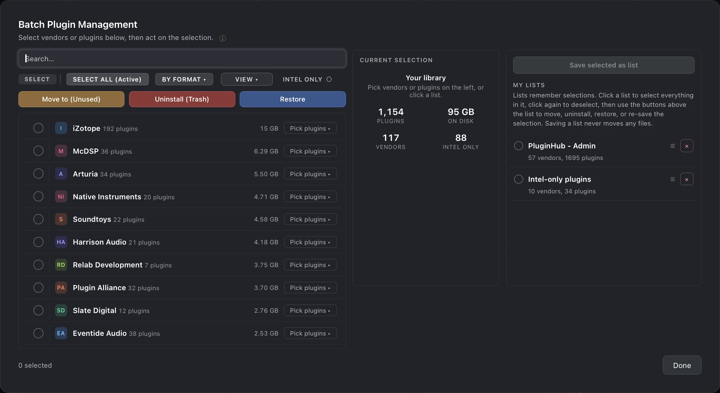 Batch Plugin Management: vendor pickers, a current selection summary, and saved lists for each engineer