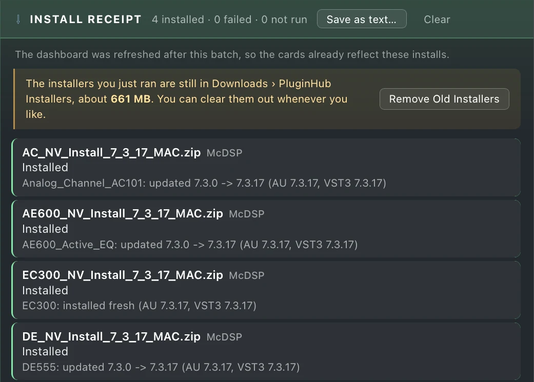 Install receipt: four installed, none failed, each package listed with the version it moved from and to