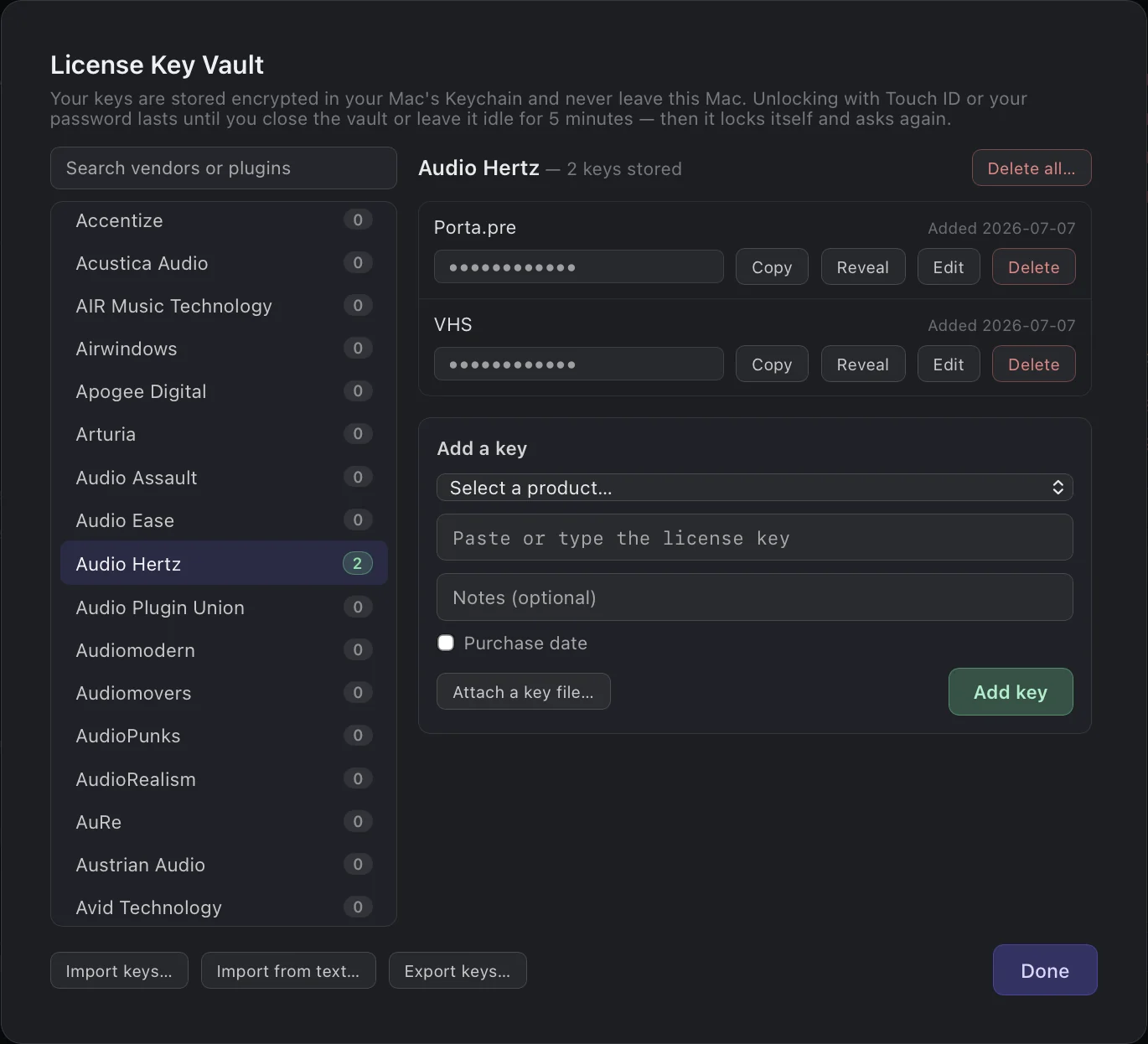 License Key Vault: vendors and key counts on the left, masked keys with Copy, Reveal, Edit and Delete on the right