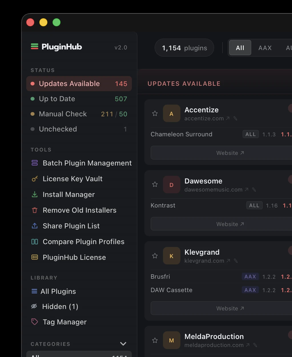 The PluginHub 2.0 sidebar: status, tools, library and categories in one rail down the left of the dashboard