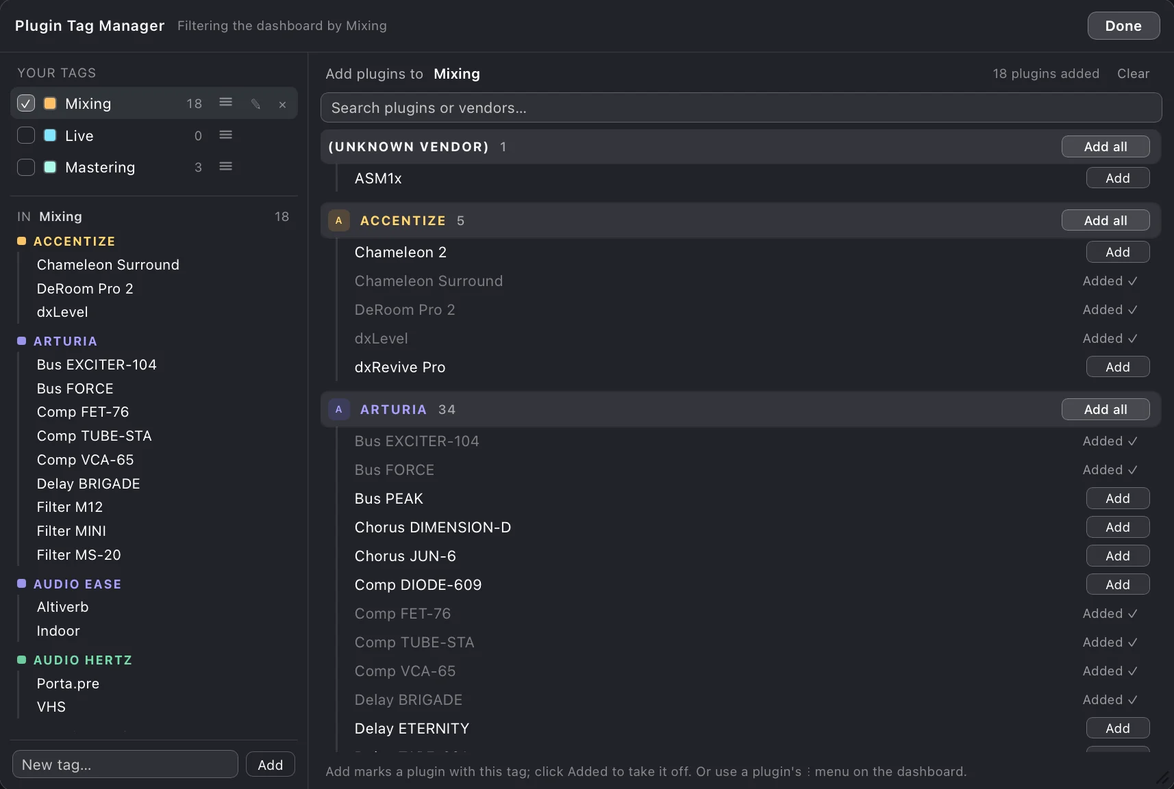 Tag Manager creating and organising your own plugin tags