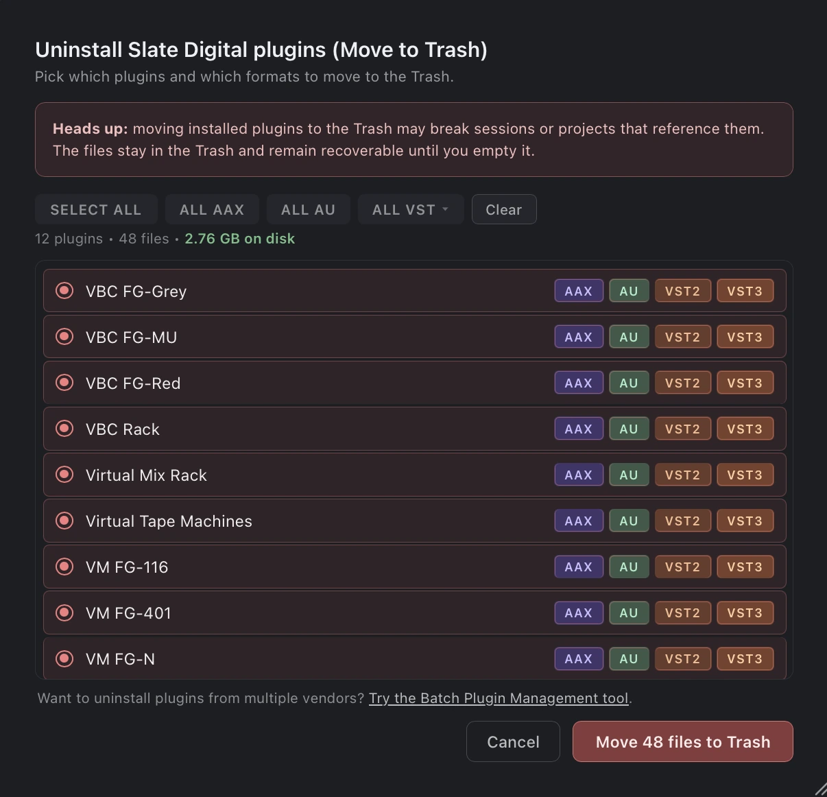 Uninstall picker: choose which plugins and formats to move to the Trash