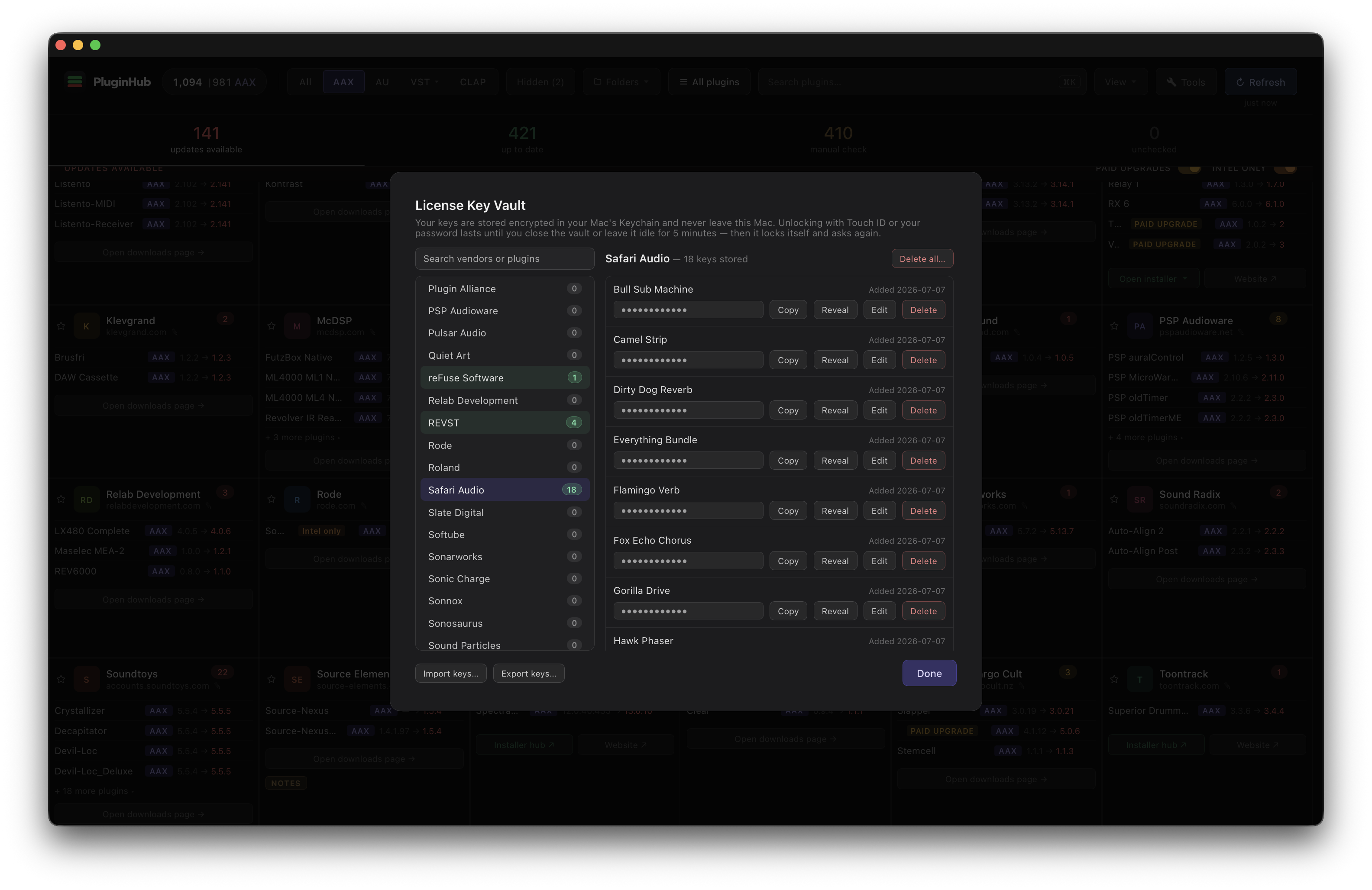 PluginHub — License Key Vault open over the dashboard