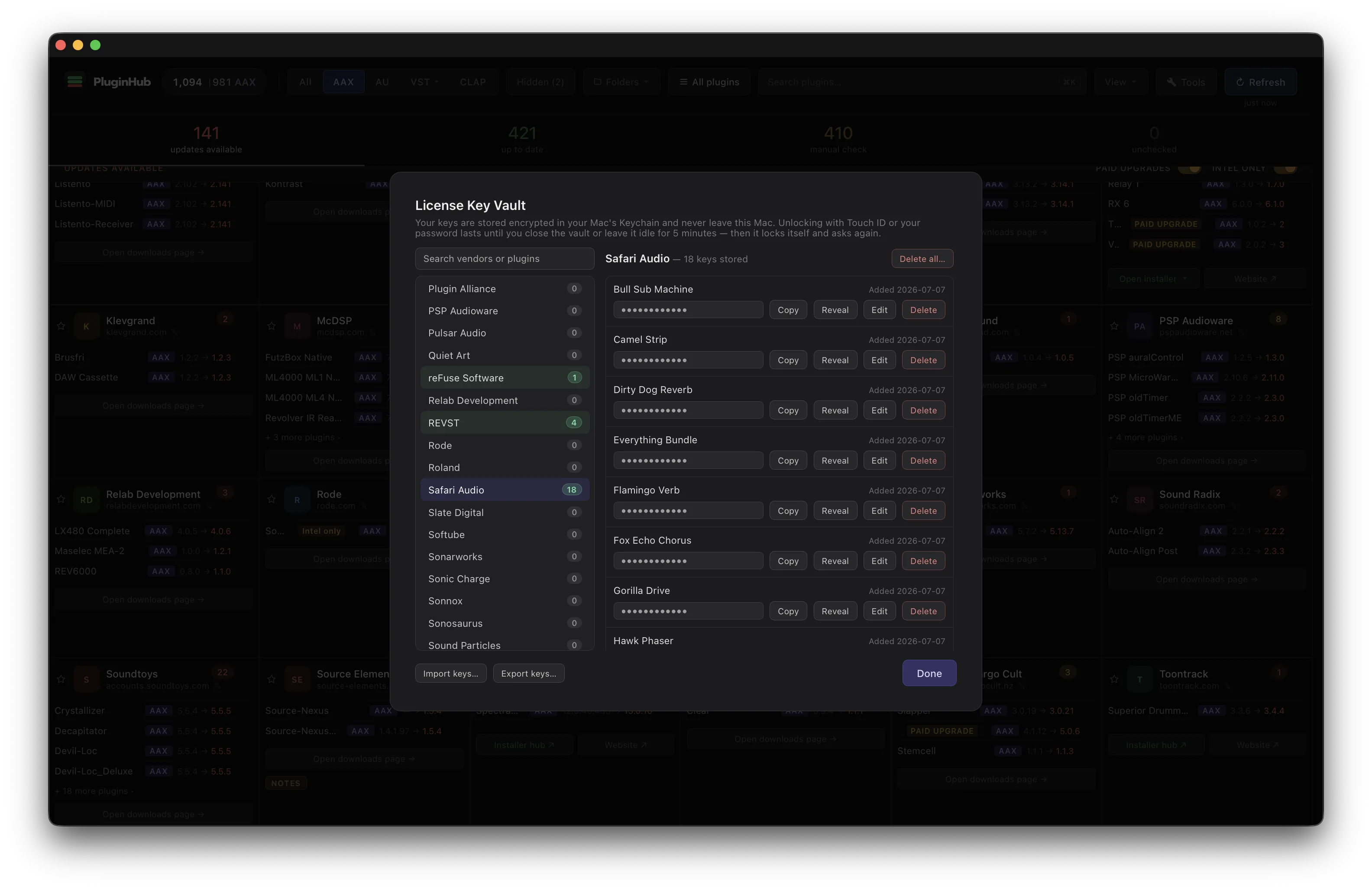 PluginHub — License Key Vault open over the dashboard