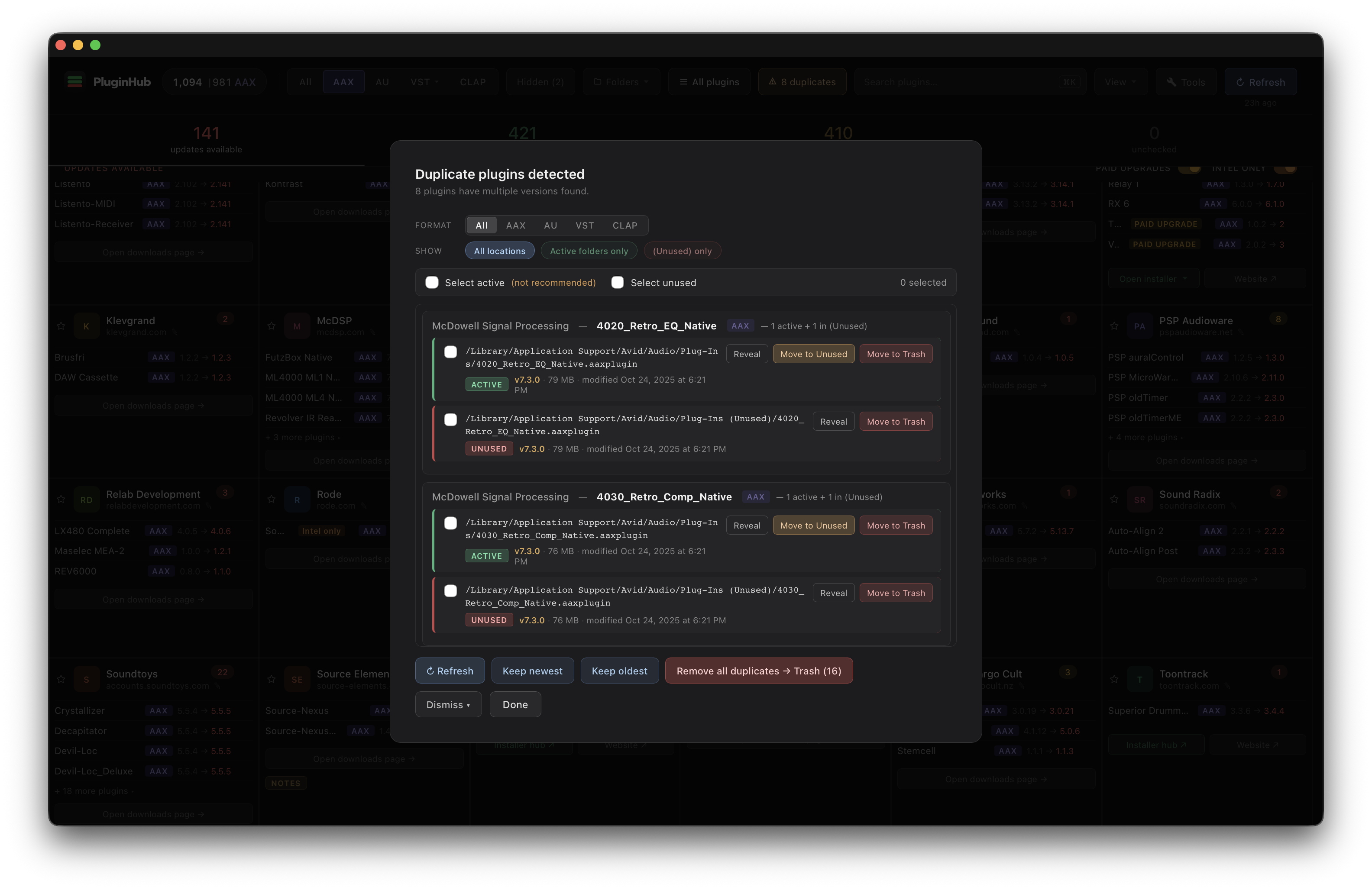 PluginHub — duplicate detection view