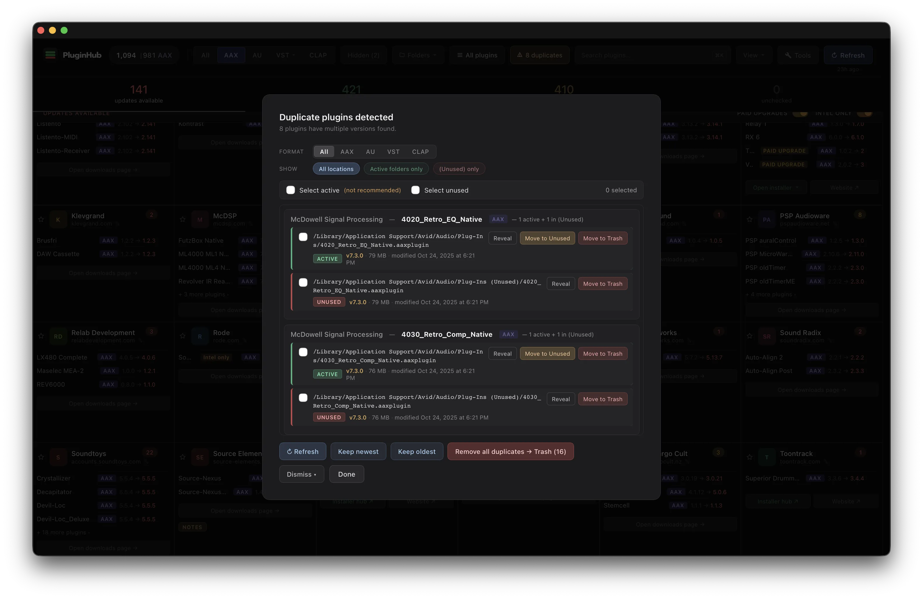 PluginHub — duplicate detection view
