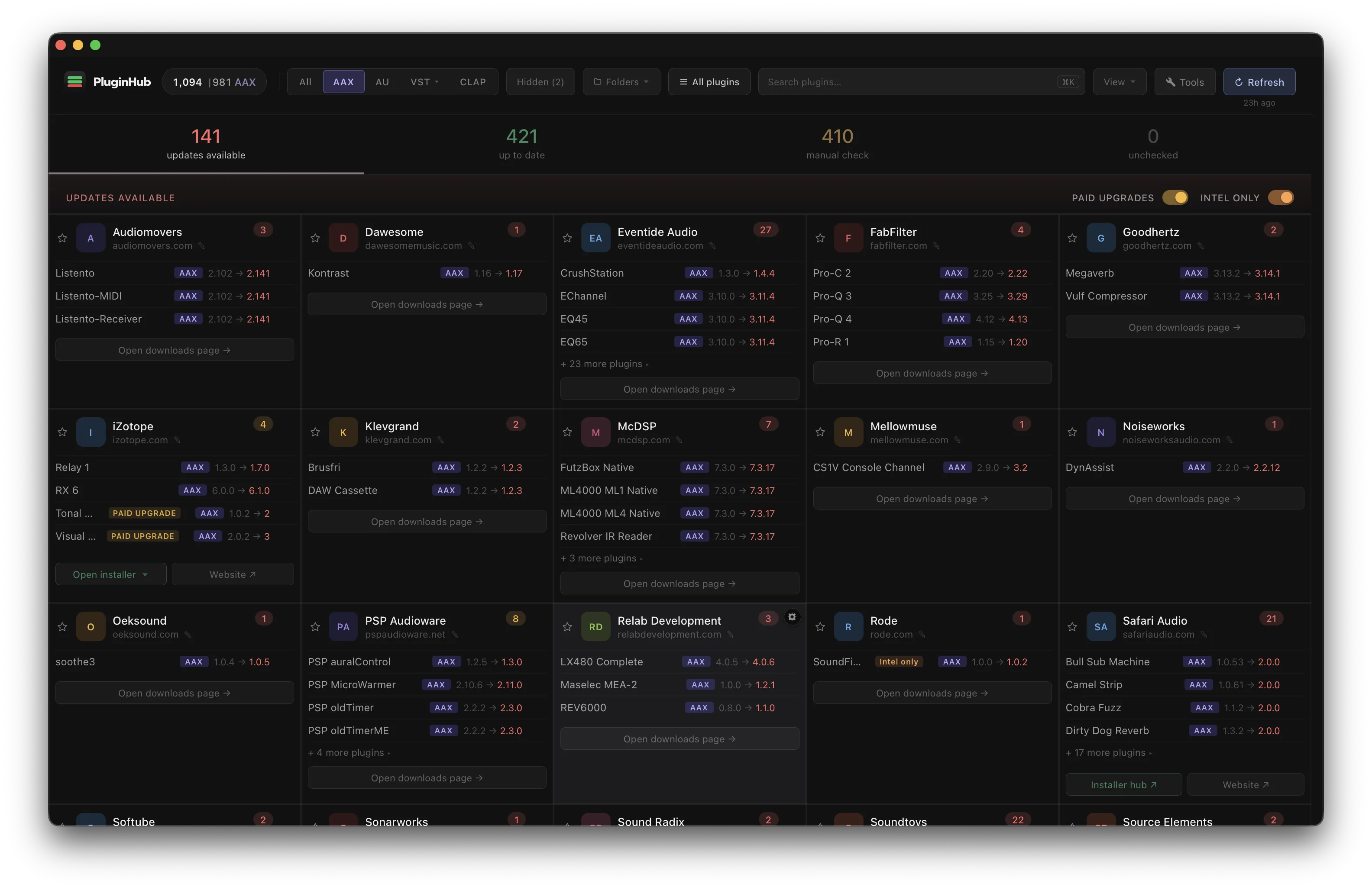 PluginHub dashboard — updates available view