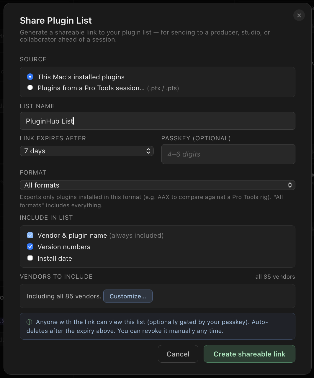 Share Plugin List — dialog showing plugin export options